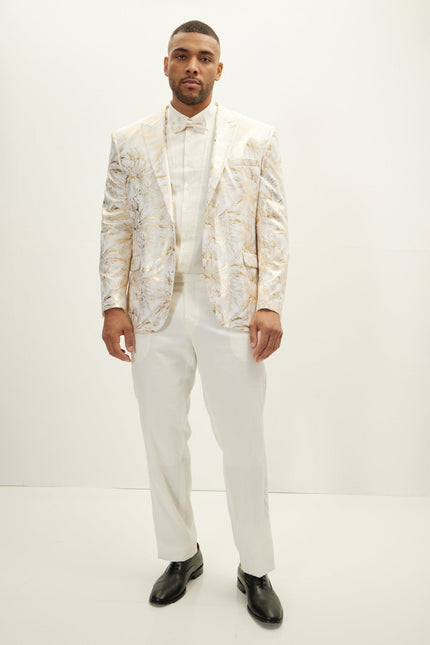 Men's Floral Peak Lapel Tuxedo Jacket - White Gold | Ron Tomson