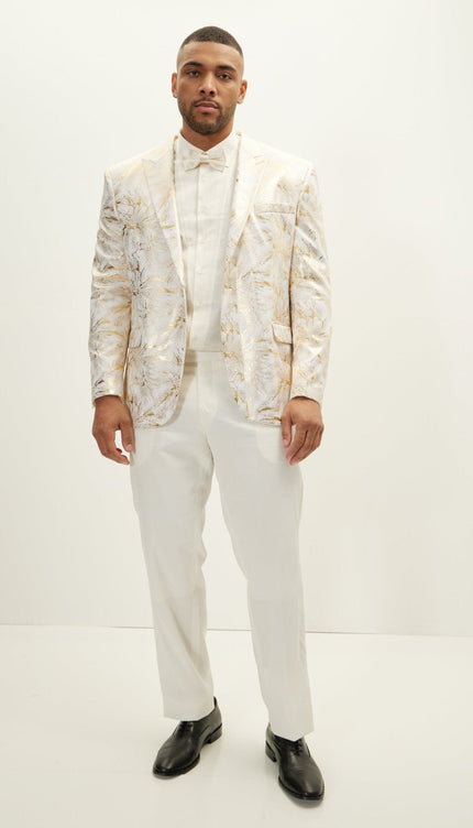Floral Peak Lapel Tuxedo Jacket - White Gold