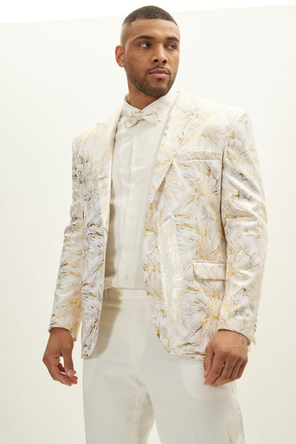 Men's Floral Peak Lapel Tuxedo Jacket - White Gold | Ron Tomson