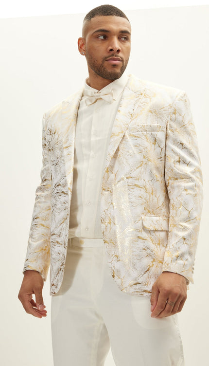 Floral Peak Lapel Tuxedo Jacket - White Gold