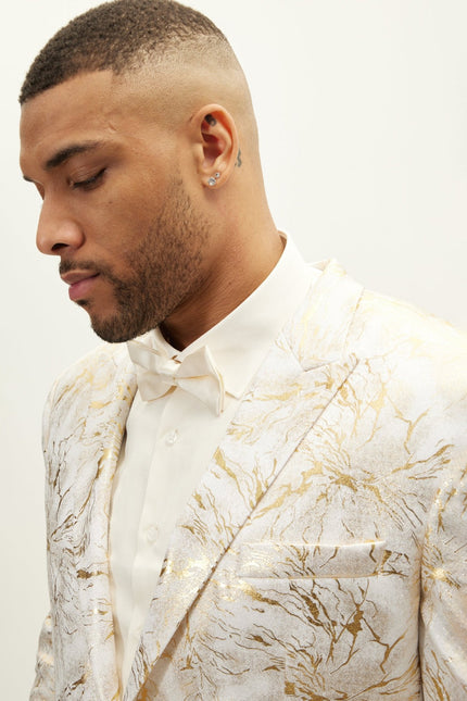 Men's Floral Peak Lapel Tuxedo Jacket - White Gold | Ron Tomson