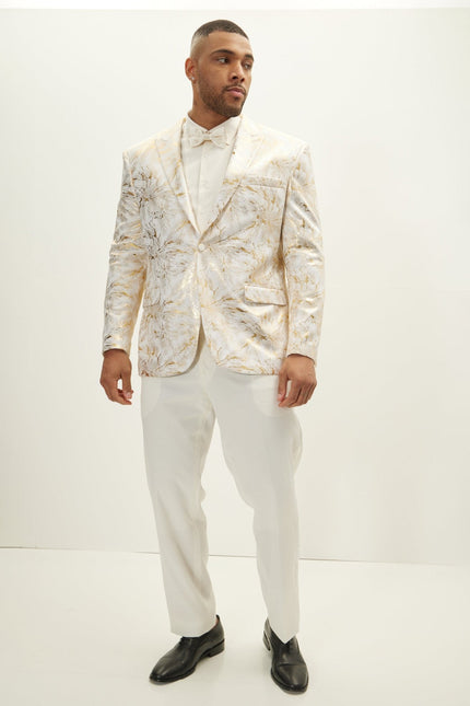 Men's Floral Peak Lapel Tuxedo Jacket - White Gold | Ron Tomson