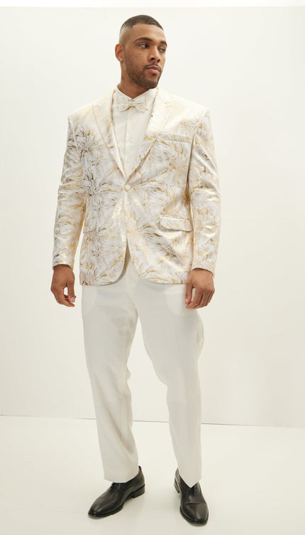 Floral Peak Lapel Tuxedo Jacket - White Gold