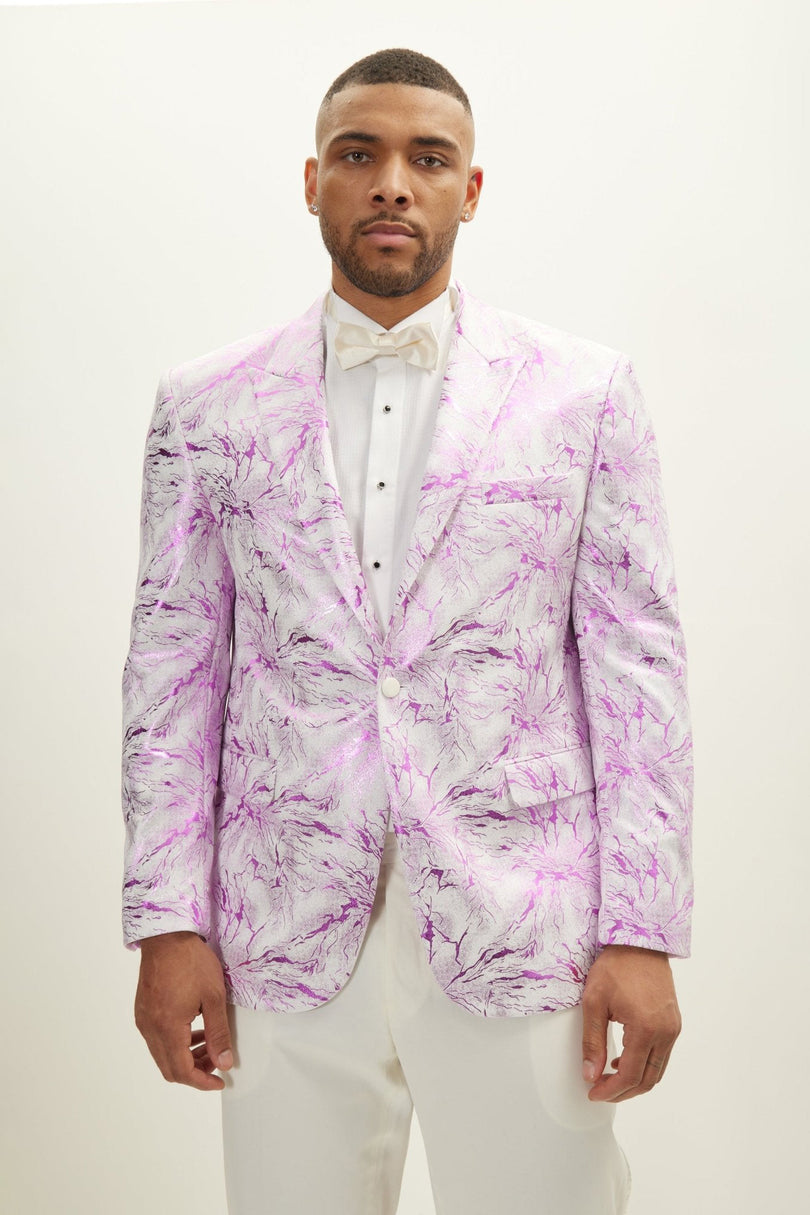 Men's Floral Peak Lapel Tuxedo Jacket - White Pink | Ron Tomson