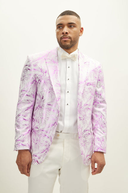 Men's Floral Peak Lapel Tuxedo Jacket - White Pink | Ron Tomson