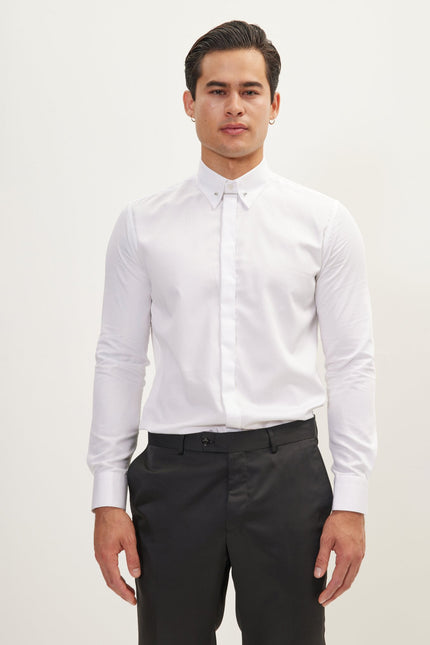 Men's Hidden Placket Dress Shirt - White | Ron Tomson