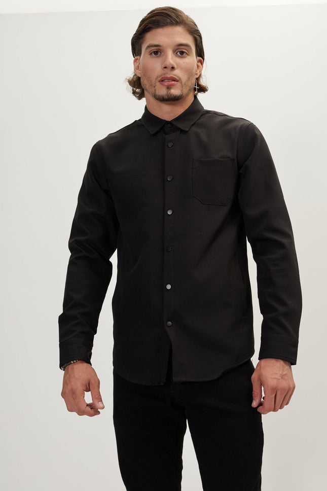 Men's Point Collar Tonal Shirt - Black | Ron Tomson