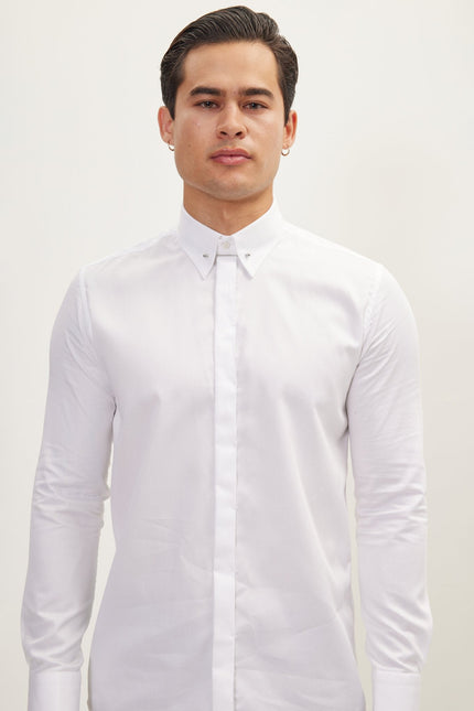 Men's Hidden Placket Dress Shirt - White | Ron Tomson