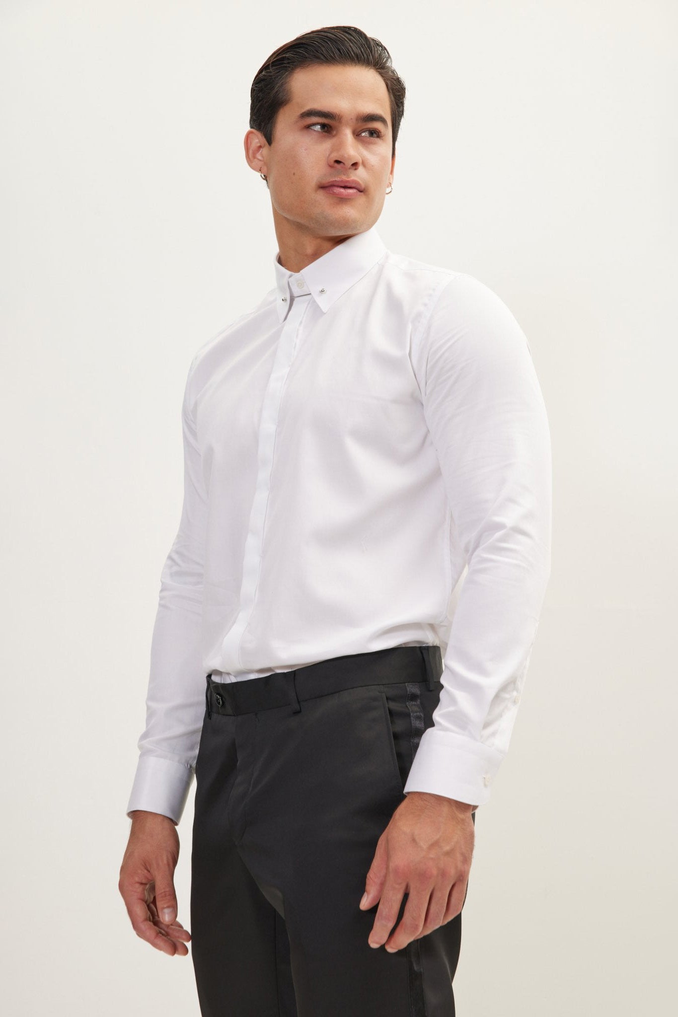 Men's Collar Pin Hidden Placket Dress Shirt - White