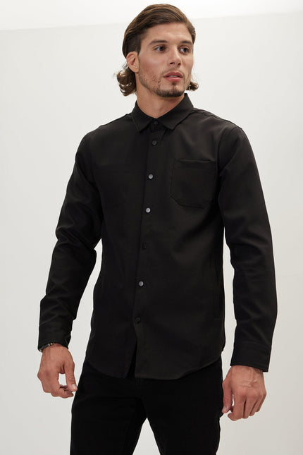 Men's Point Collar Tonal Shirt - Black | Ron Tomson
