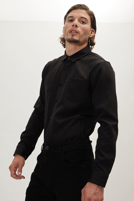 Men's Point Collar Tonal Shirt - Black | Ron Tomson