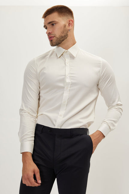 Men's Cotton Point Collar Dress Shirt - Beige | Ron Tomson