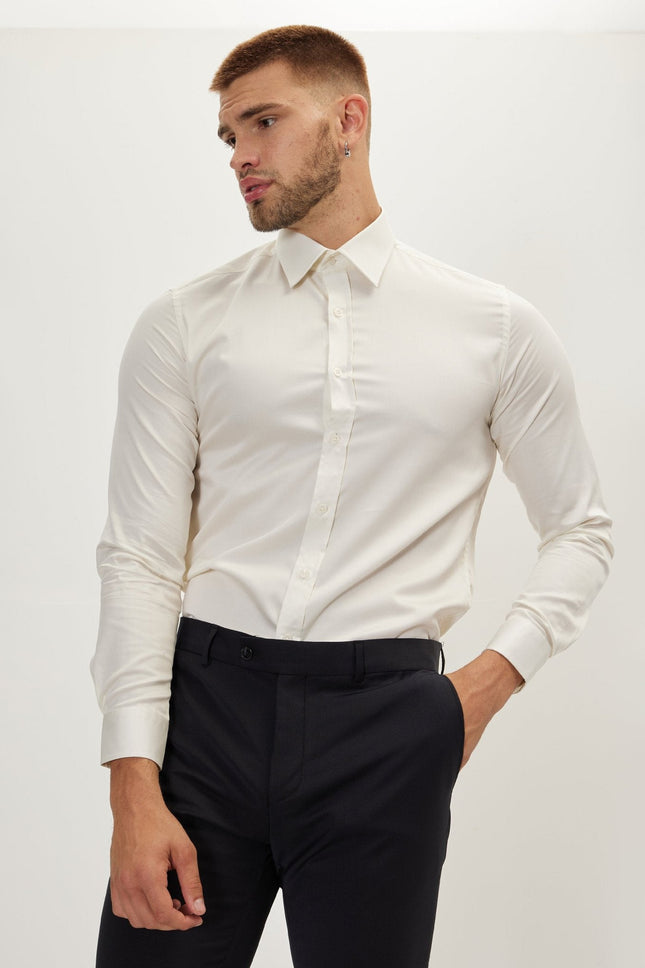 Men's Cotton Point Collar Dress Shirt - Beige | Ron Tomson