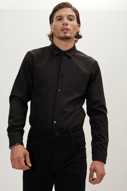 Men's Point Collar Tonal Shirt - Black | Ron Tomson