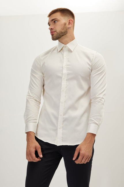 Men's Cotton Point Collar Dress Shirt - Beige | Ron Tomson