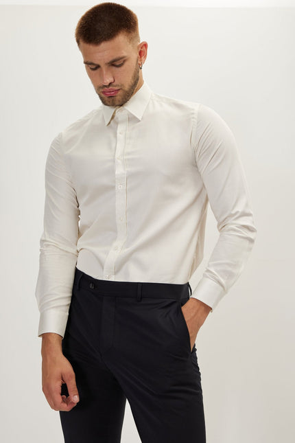 Men's Cotton Point Collar Dress Shirt - Beige | Ron Tomson
