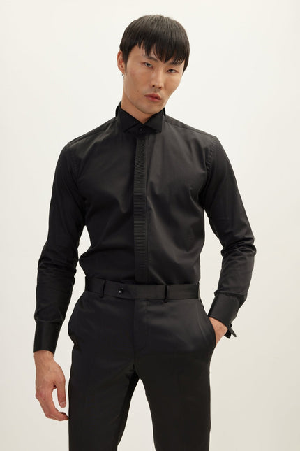 Men's Pleated Tuxedo Shirt - Black | Ron Tomson