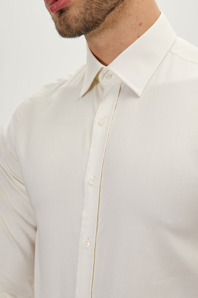 Men's Cotton Point Collar Dress Shirt - Beige | Ron Tomson
