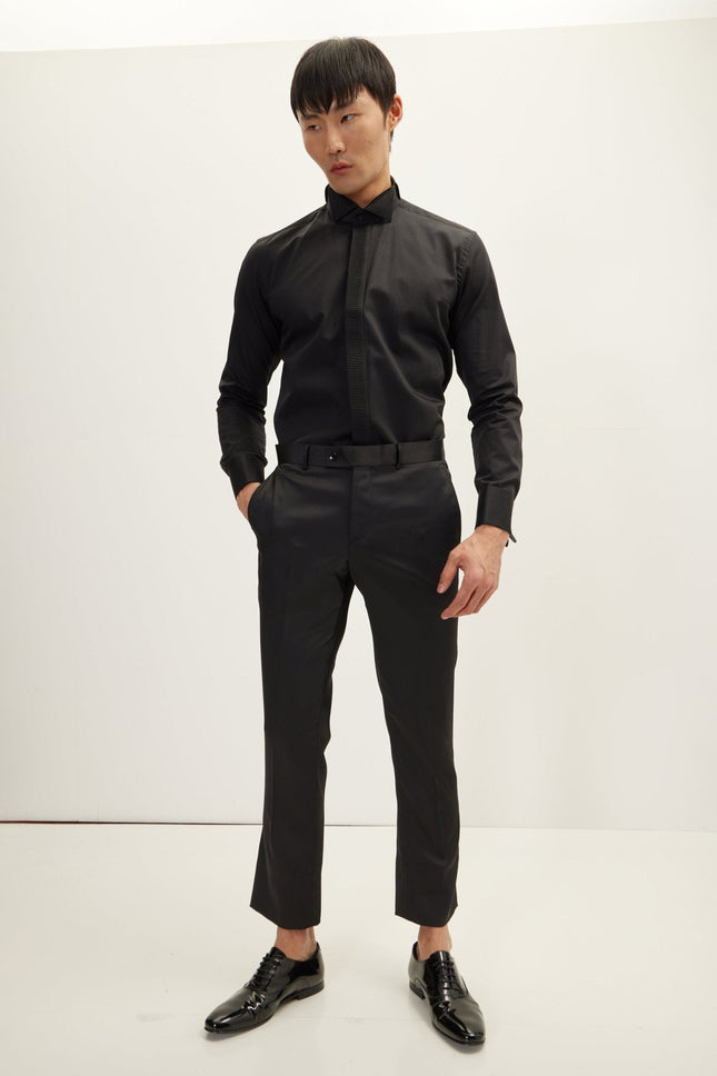 Men's Pleated Tuxedo Shirt - Black | Ron Tomson