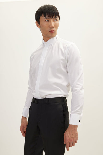 Men's Pleated Wing Collar Tuxedo Shirt - White | Ron Tomson