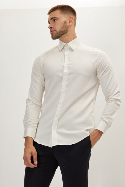 Men's Cotton Point Collar Dress Shirt - Beige | Ron Tomson
