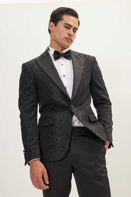 Men's Tone On Tone Zebra Texture Tuxedo Jacket - Black | Ron Tomson