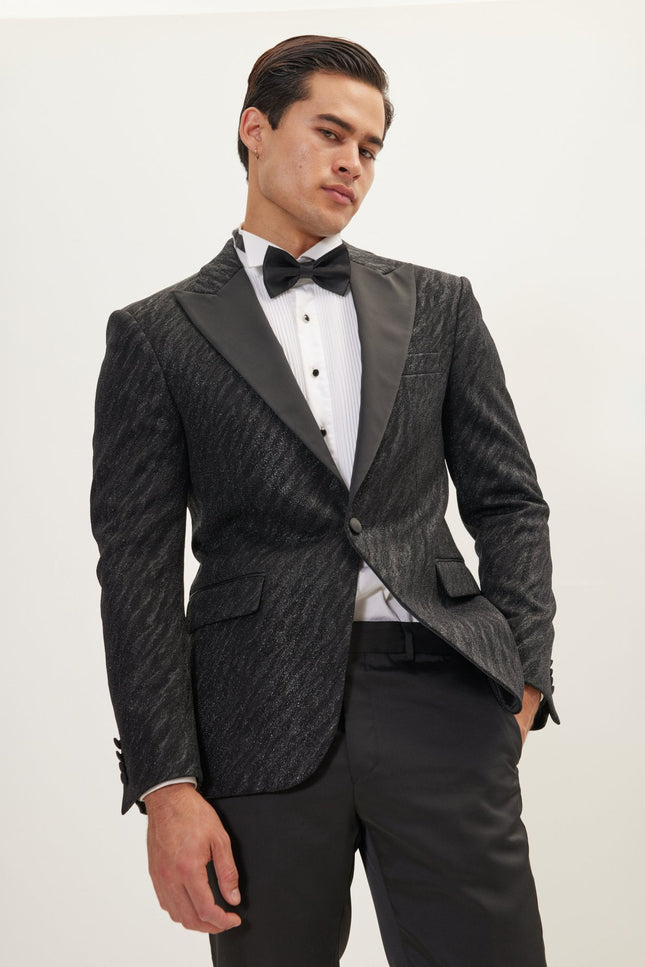 Tone On Tone Zebra Texture Tuxedo Jacket - Black