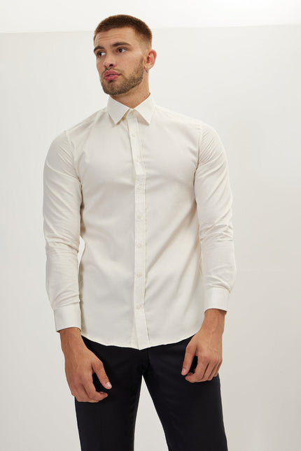 Men's Cotton Point Collar Dress Shirt - Beige | Ron Tomson