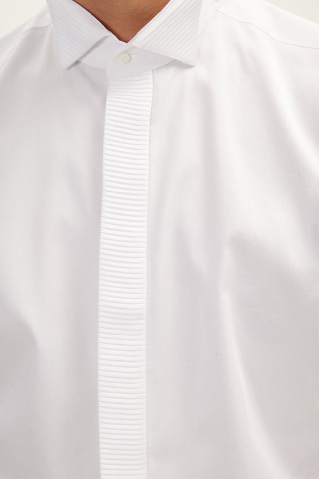 Men's Pleated Wing Collar Tuxedo Shirt - White | Ron Tomson
