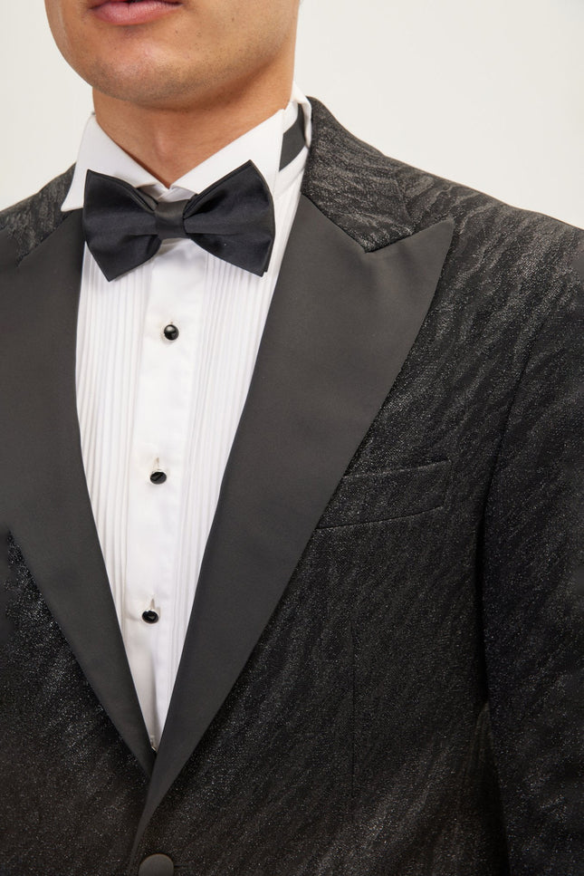 Tone On Tone Zebra Texture Tuxedo Jacket - Black