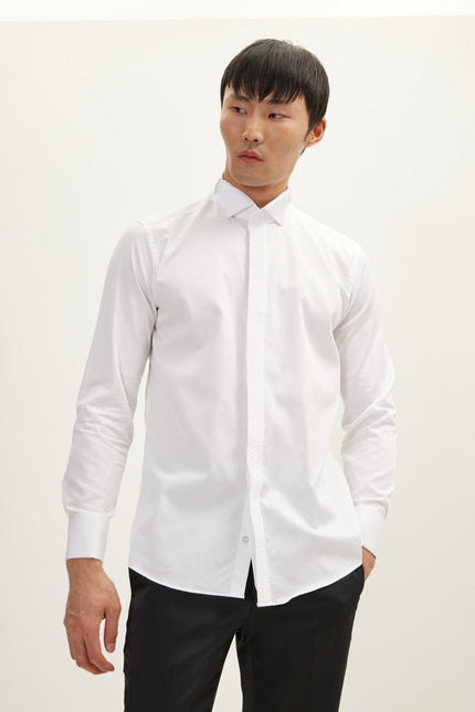 Men's Pleated Wing Collar Tuxedo Shirt - White | Ron Tomson