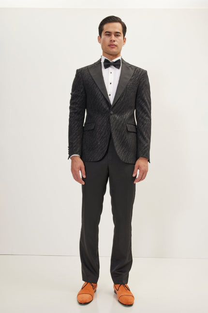 Men's Tone On Tone Zebra Texture Tuxedo Jacket - Black | Ron Tomson