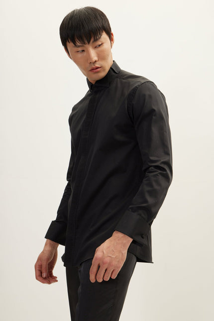 Men's Pleated Tuxedo Shirt - Black | Ron Tomson