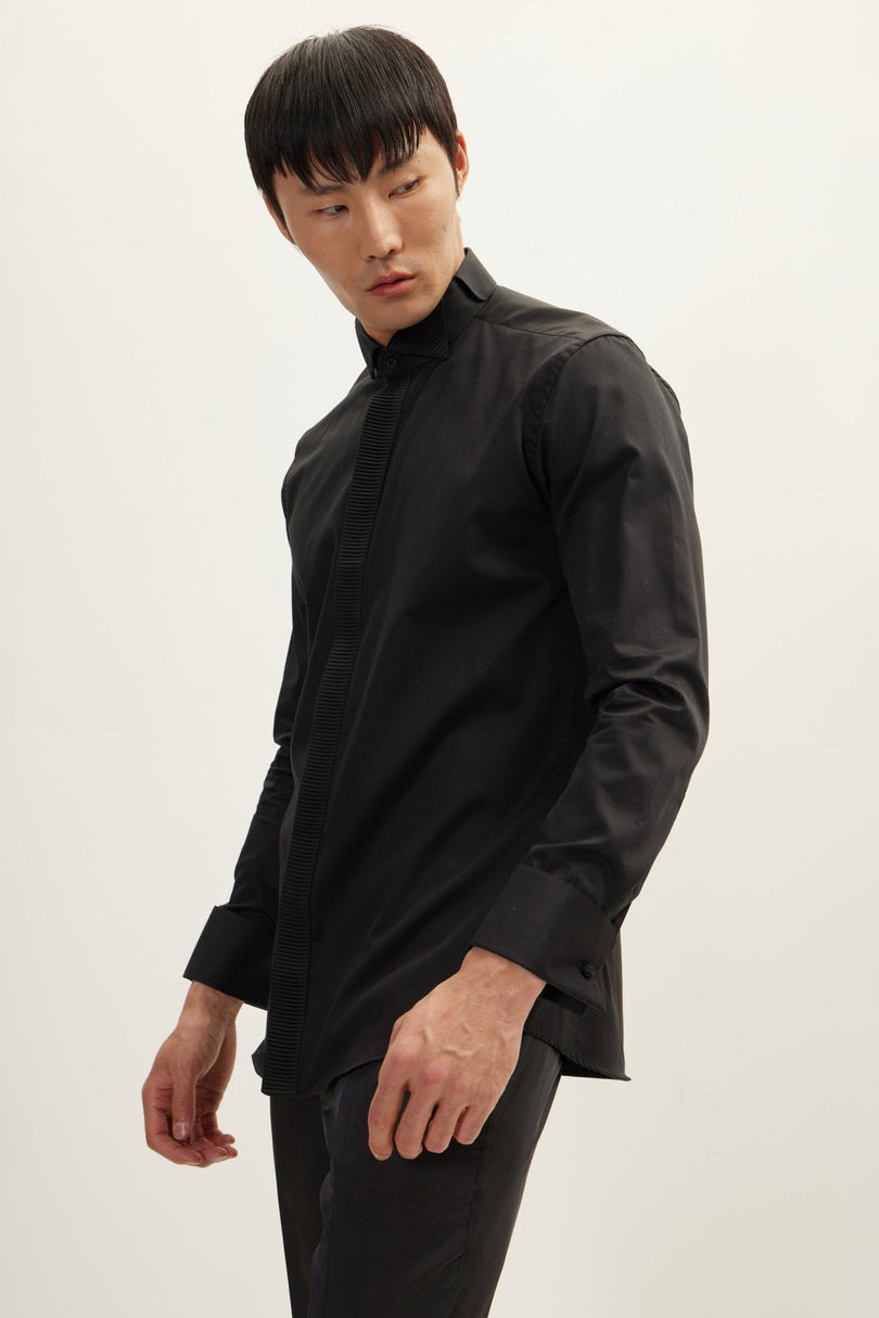 Men's Pleated Tuxedo Shirt - Black | Ron Tomson
