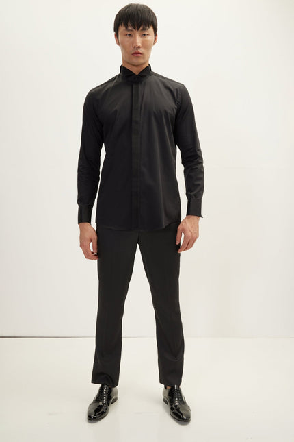 Men's Pleated Tuxedo Shirt - Black | Ron Tomson