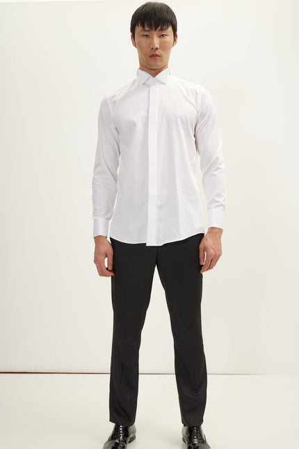 Men's Pleated Wing Collar Tuxedo Shirt - White | Ron Tomson