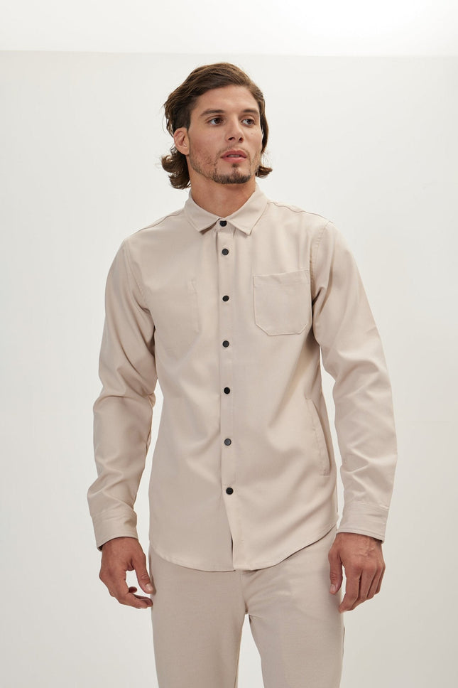 Men's Tonal Button Up Shirt - Stone | Ron Tomson