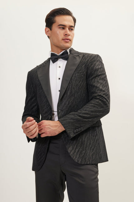 Men's Tone On Tone Zebra Texture Tuxedo Jacket - Black | Ron Tomson