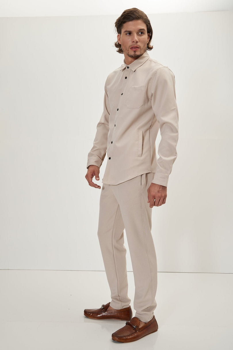 Men's Tonal Button Up Shirt - Stone | Ron Tomson