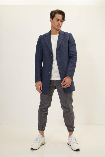 Men's Wool Notch Lapel Overcoat - Navy | Ron Tomson