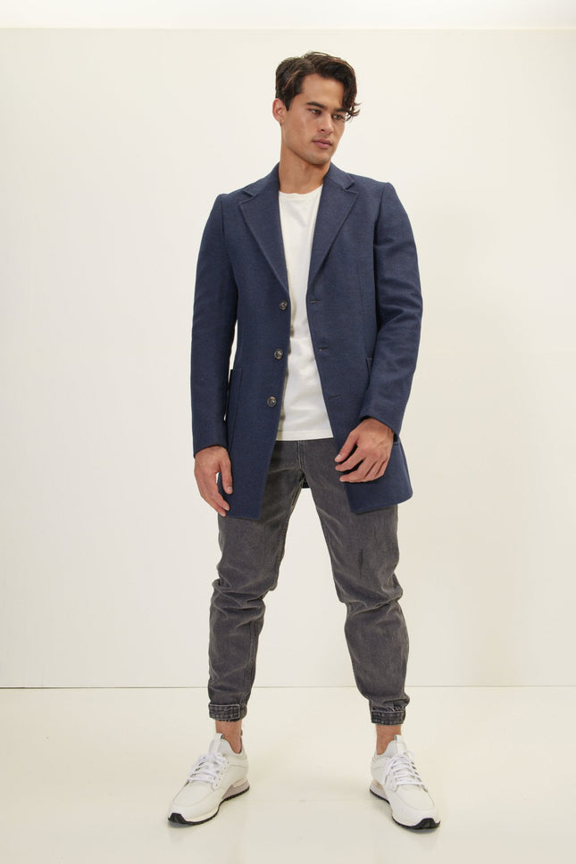 Men's Wool Notch Lapel Overcoat - Navy | Ron Tomson