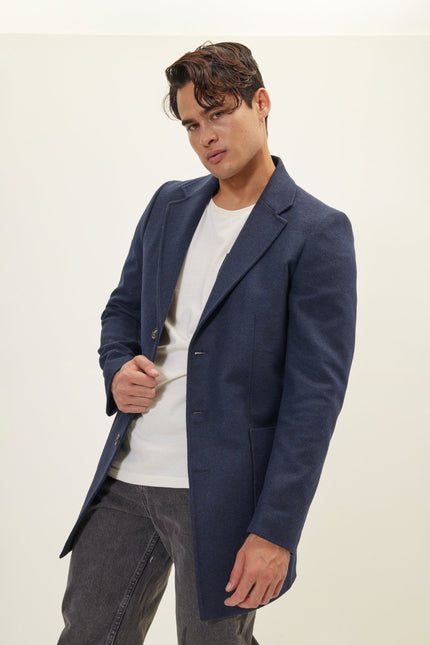 Men's Wool Notch Lapel Overcoat - Navy | Ron Tomson