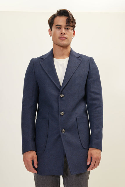 Men's Wool Notch Lapel Overcoat - Navy | Ron Tomson