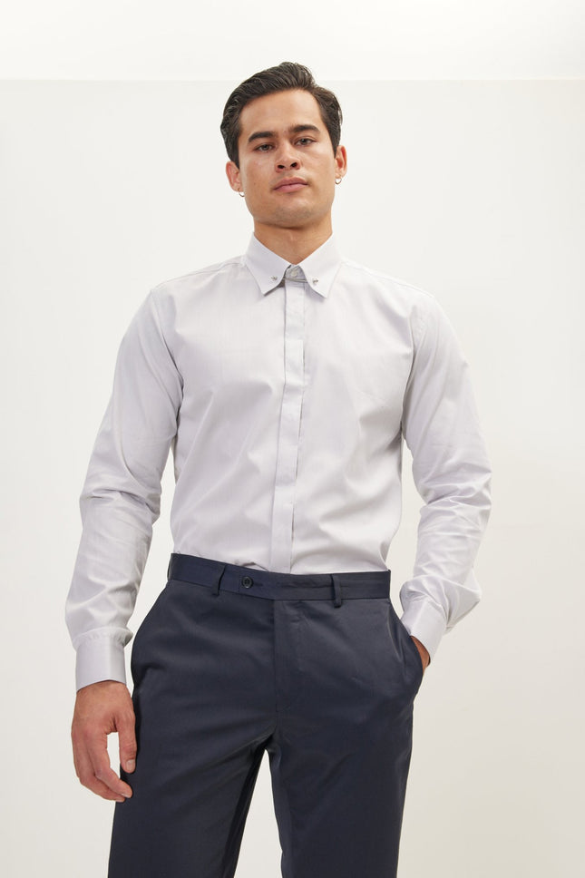 Men's Hidden Placket Dress Shirt - Grey | Ron Tomson