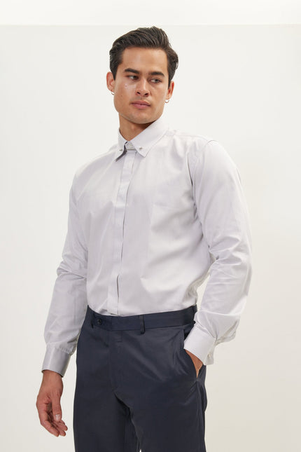 Men's Hidden Placket Dress Shirt - Grey | Ron Tomson