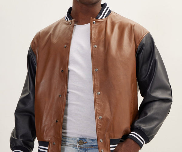 brown dress black jacket Men's Two Tone Varsity Leather Jacket - Brown Black