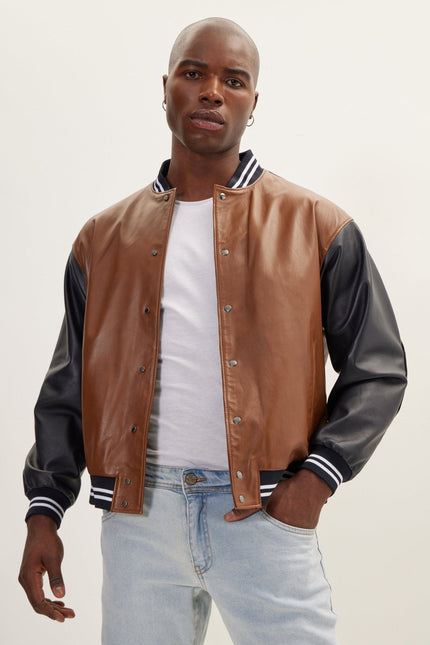 Men's Two Tone Varsity Leather Jacket - Brown Black | Ron Tomson