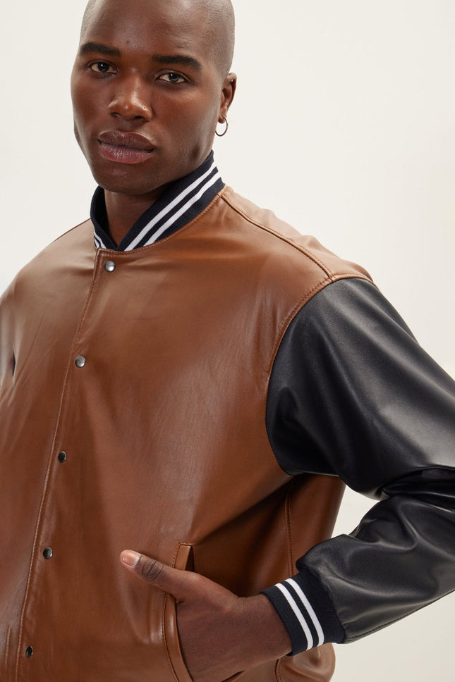 Men's Two Tone Varsity Leather Jacket - Brown Black | Ron Tomson