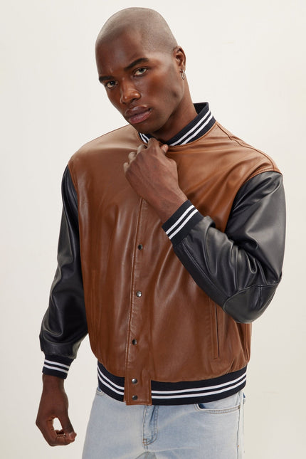 Men's Two Tone Varsity Leather Jacket - Brown Black | Ron Tomson