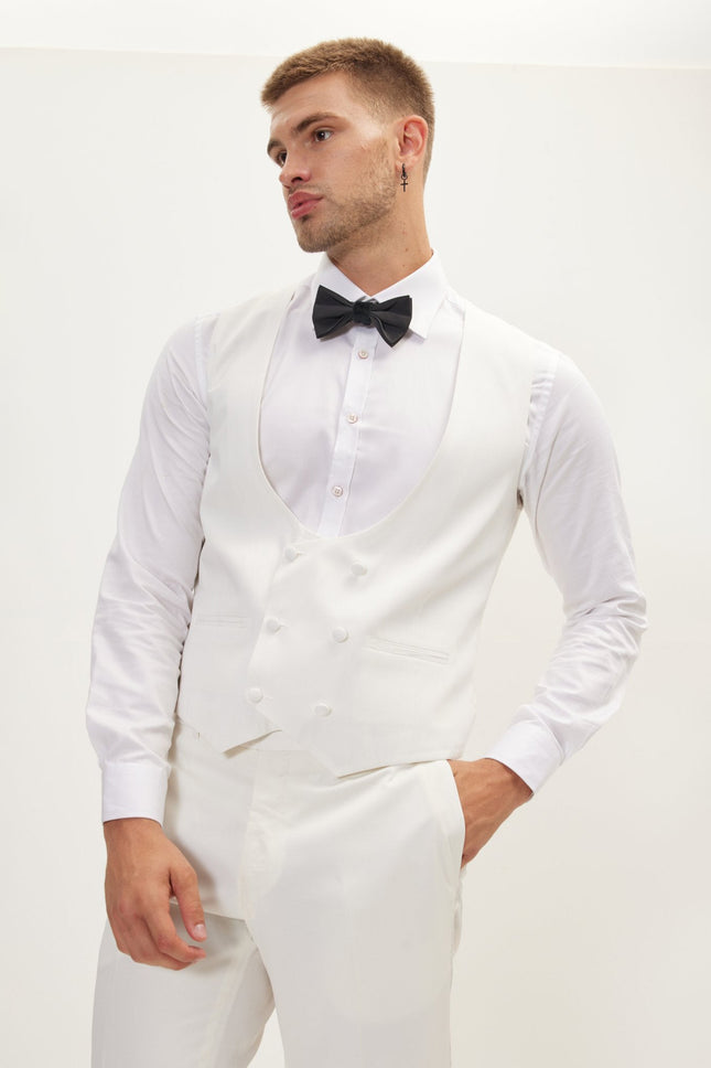 Men's Shawl Lapel Double-Breasted Vest - White | Ron Tomson